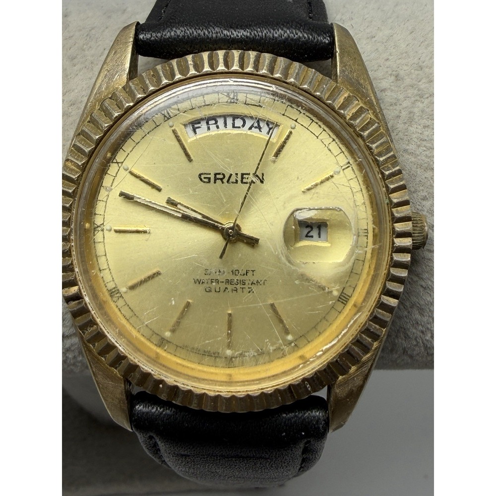 Gruen Presidents 219-3W50 New Battery Mens Watch 36MM 7.75" Leather Band Vintage
